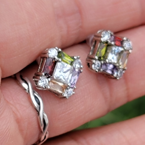 Stunning sparkling multi colored topaz 925 sterling silver diamond earrings - Picture 12 of 15